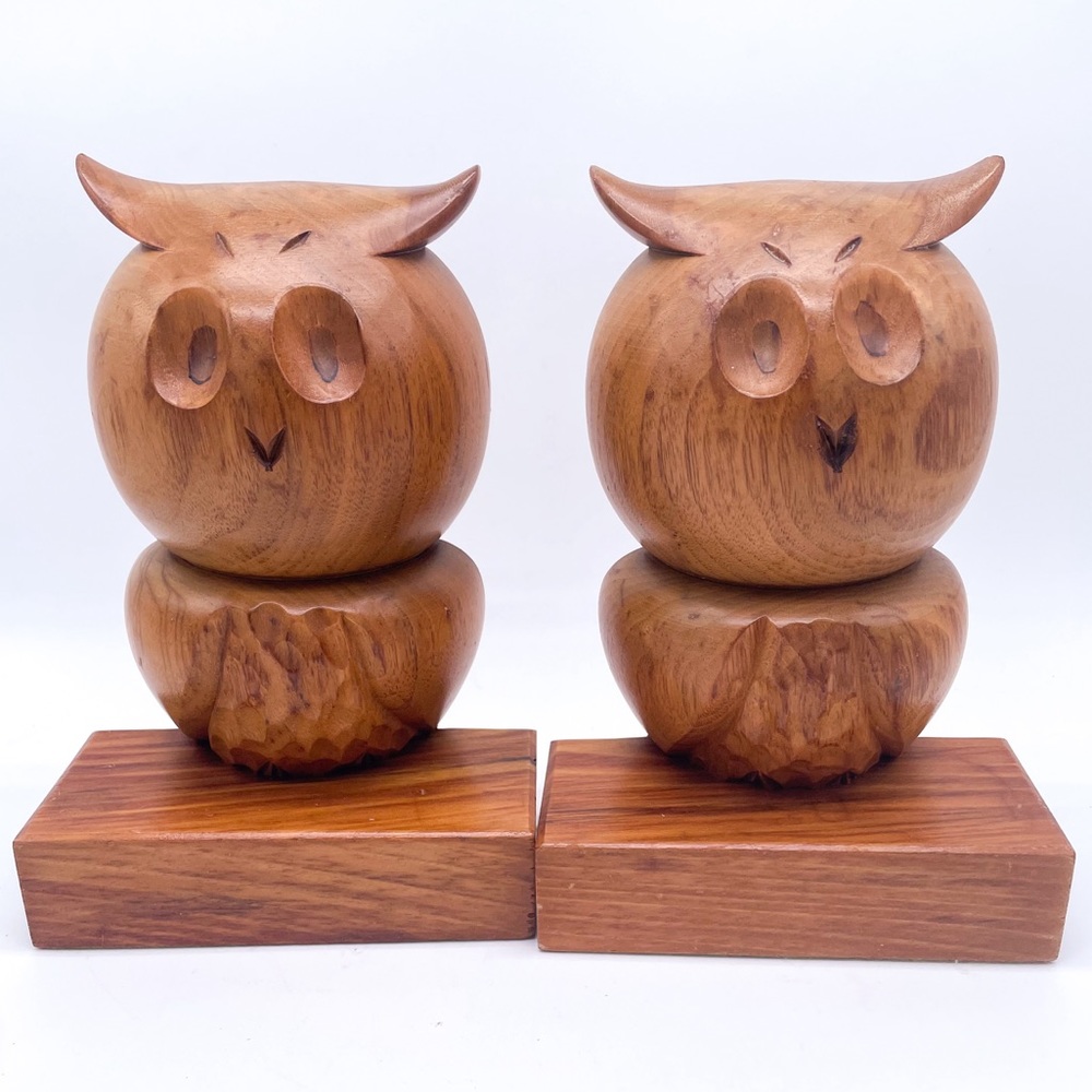 Vintage Wooden Owl Bookends Pair The Wood Whittlers Gatlinburg Tennessee